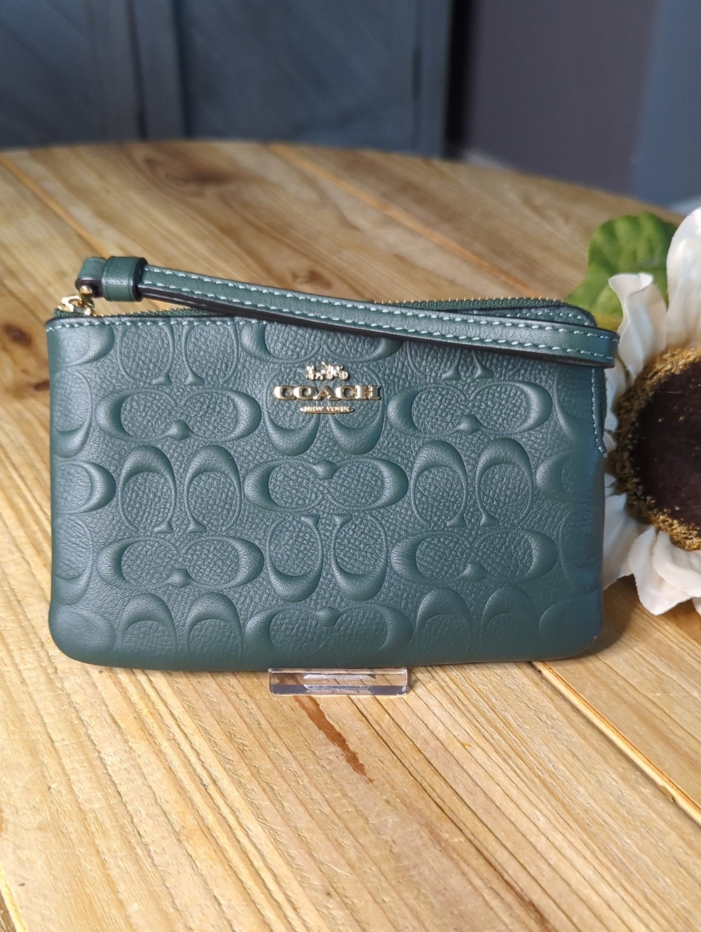 Coach Emerald Green Debossed Leather L-zip Wristlet